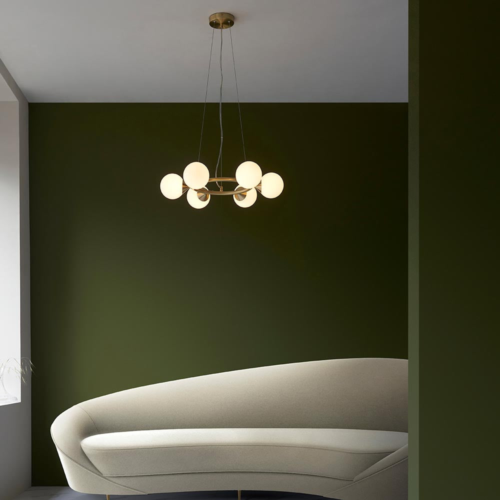 Kemi 6Lt Ring Pendant Ceiling Light Brushed Gold w/ Gloss White Glass