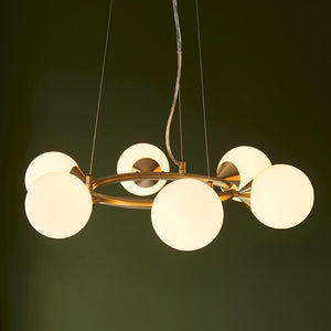 Kemi 6Lt Ring Pendant Ceiling Light Brushed Gold w/ Gloss White Glass