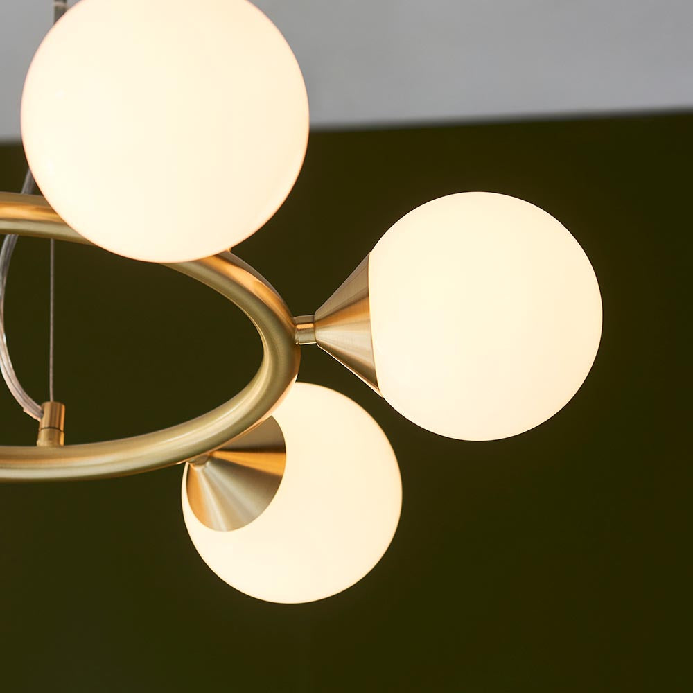 Kemi 6Lt Ring Pendant Ceiling Light Brushed Gold w/ Gloss White Glass