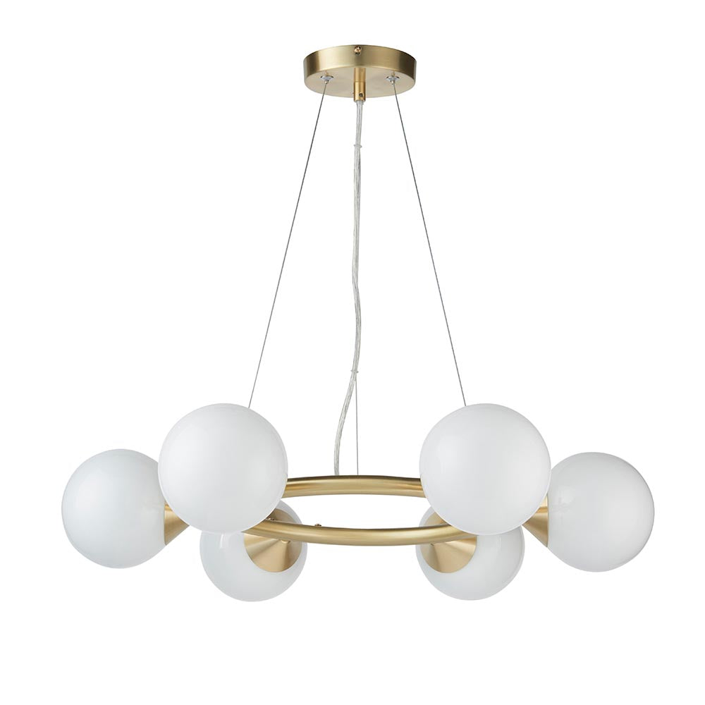 Kemi 6Lt Ring Pendant Ceiling Light Brushed Gold w/ Gloss White Glass