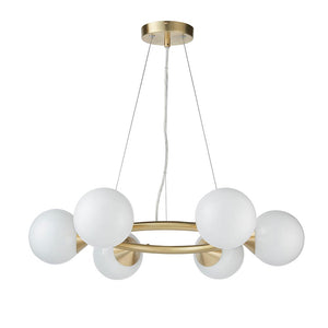 Kemi 6Lt Ring Pendant Ceiling Light Brushed Gold w/ Gloss White Glass