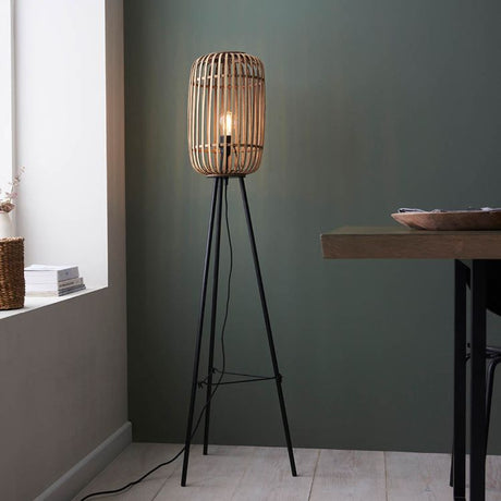 Mathias Tripod Floor Lamp Matt Black w/ Bamboo Shade