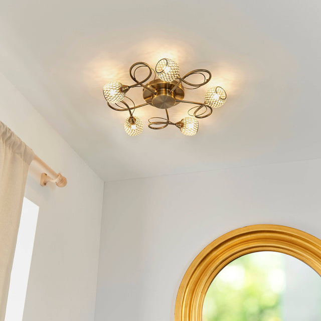 Aherne 5-Light Semi Flush Ceiling Light Antique Brass - Comet Lighting