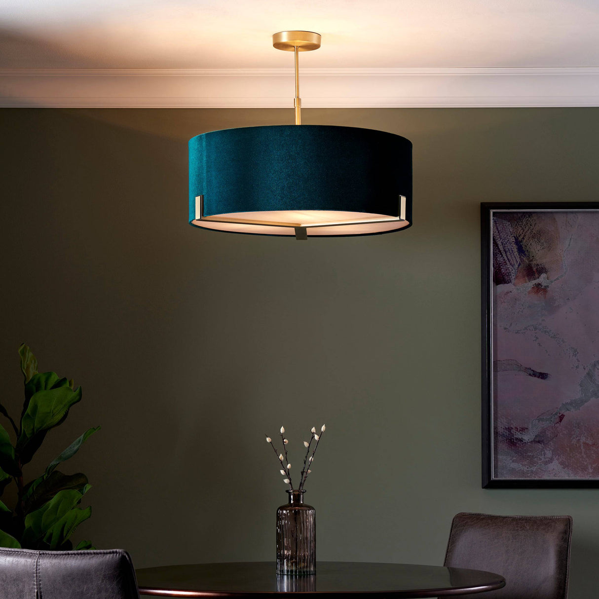 Hayfield 3-Light Pendant Ceiling Light Green Velvet Shade - Comet Lighting