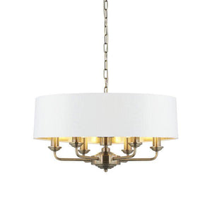 Highclere 6Lt Pendant Antique Brass w/ White Shade - Comet Lighting