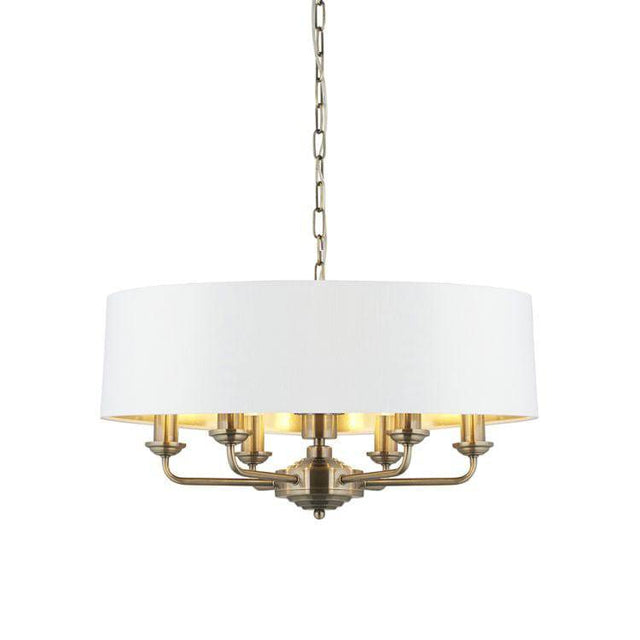 Highclere 6Lt Pendant Antique Brass w/ White Shade - Comet Lighting