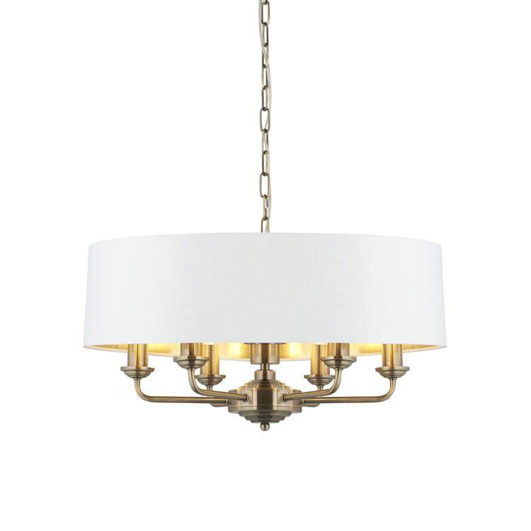 Highclere 6Lt Pendant Antique Brass w/ White Shade - Comet Lighting