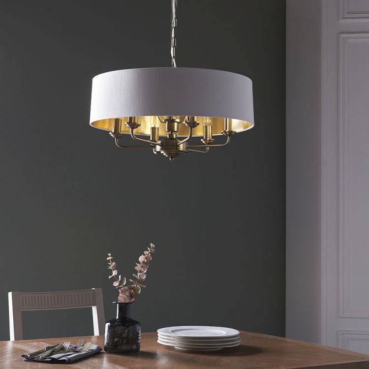 Highclere 6Lt Pendant Antique Brass w/ White Shade - Comet Lighting