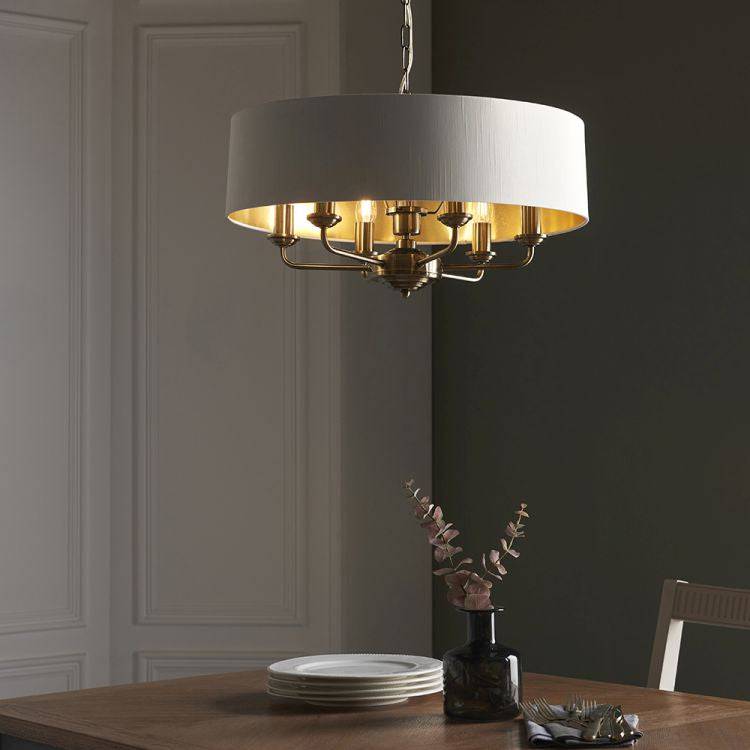 Highclere 6Lt Pendant Antique Brass w/ White Shade - Comet Lighting