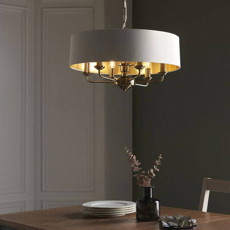 Highclere 6Lt Pendant Antique Brass w/ White Shade - Comet Lighting