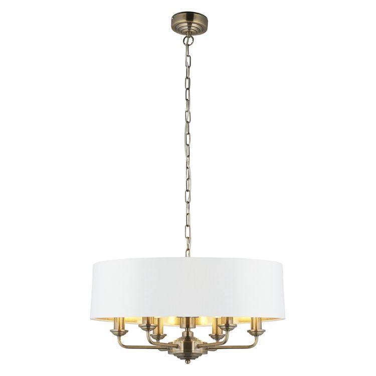 Highclere 6Lt Pendant Antique Brass w/ White Shade - Comet Lighting