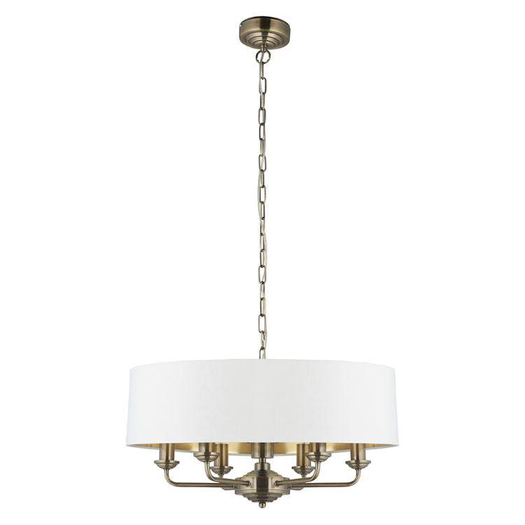 Highclere 6Lt Pendant Antique Brass w/ White Shade - Comet Lighting