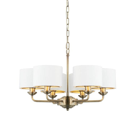 Highclere 6Lt Pendant Antique Brass w/ White Shades - Comet Lighting