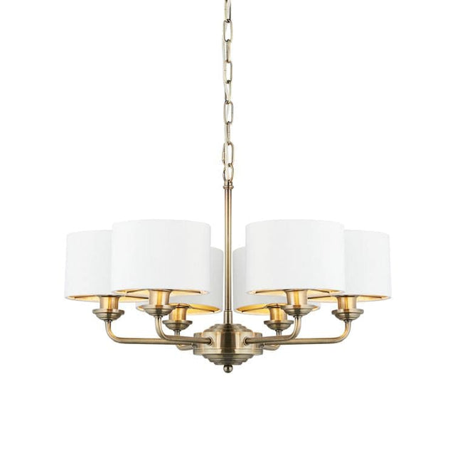 Highclere 6Lt Pendant Antique Brass w/ White Shades - Comet Lighting