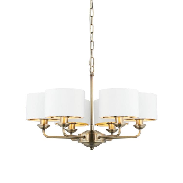 Highclere 6Lt Pendant Antique Brass w/ White Shades - Comet Lighting