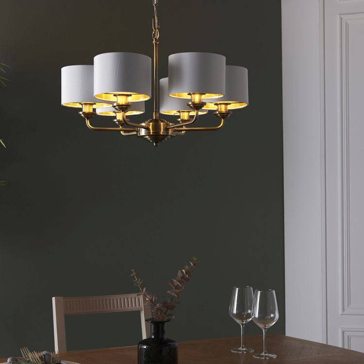 Highclere 6Lt Pendant Antique Brass w/ White Shades - Comet Lighting