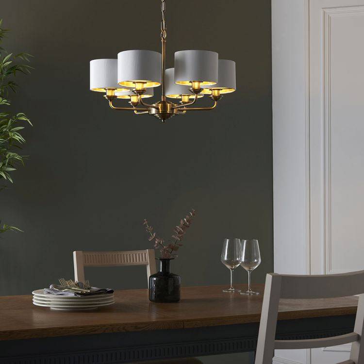 Highclere 6Lt Pendant Antique Brass w/ White Shades - Comet Lighting