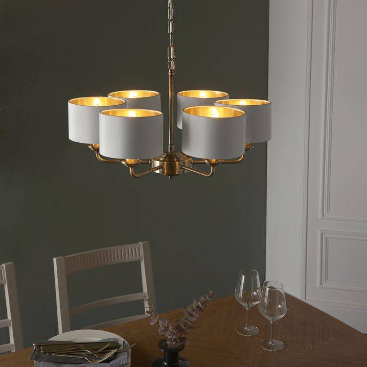 Highclere 6Lt Pendant Antique Brass w/ White Shades - Comet Lighting