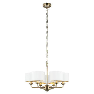 Highclere 6Lt Pendant Antique Brass w/ White Shades - Comet Lighting