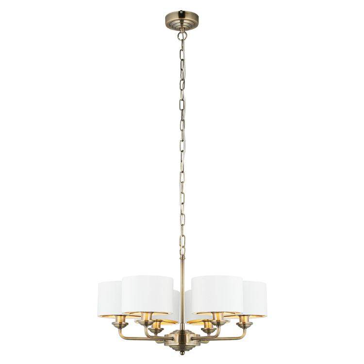 Highclere 6Lt Pendant Antique Brass w/ White Shades - Comet Lighting