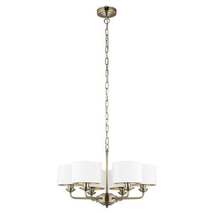Highclere 6Lt Pendant Antique Brass w/ White Shades - Comet Lighting