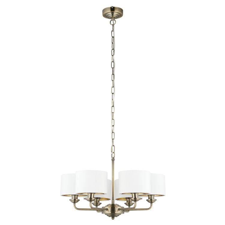 Highclere 6Lt Pendant Antique Brass w/ White Shades - Comet Lighting