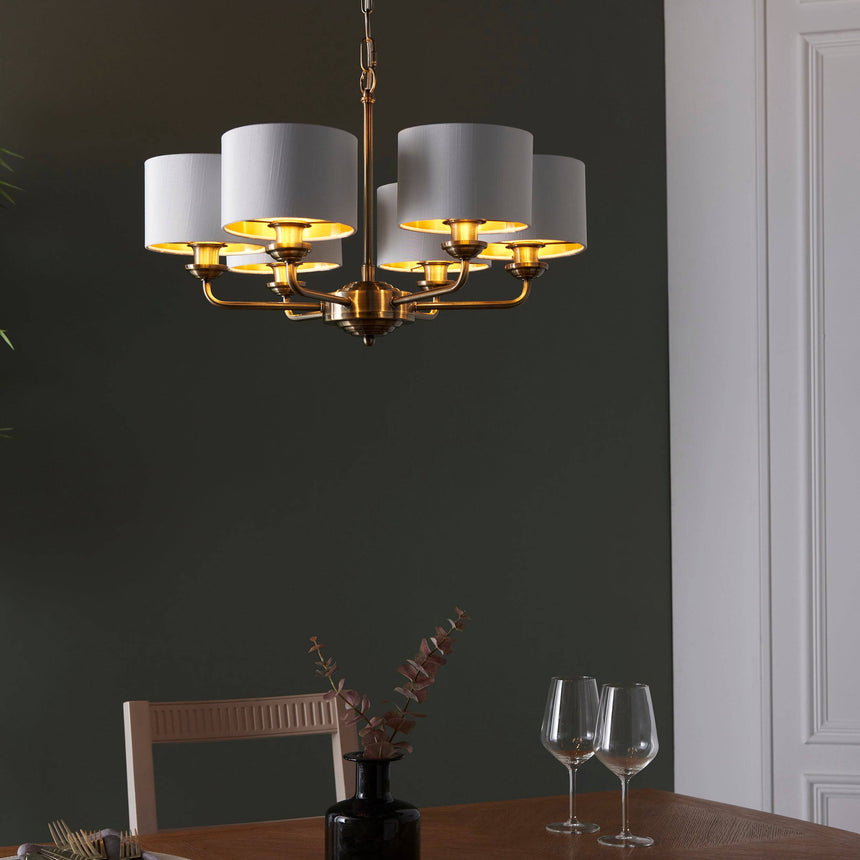 Highclere 6Lt Pendant Antique Brass w/ White Shades - Comet Lighting