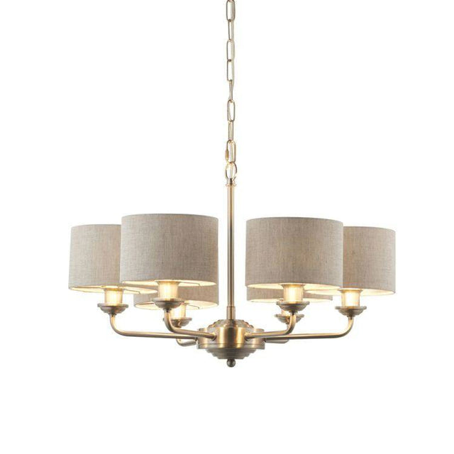 Highclere 6Lt Pendant Brushed Chrome w/ Natural Shades - Comet Lighting