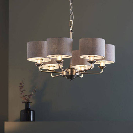 Highclere 6Lt Pendant Brushed Chrome w/ Natural Shades - Comet Lighting