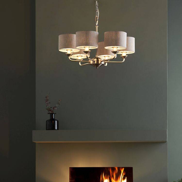 Highclere 6Lt Pendant Brushed Chrome w/ Natural Shades - Comet Lighting