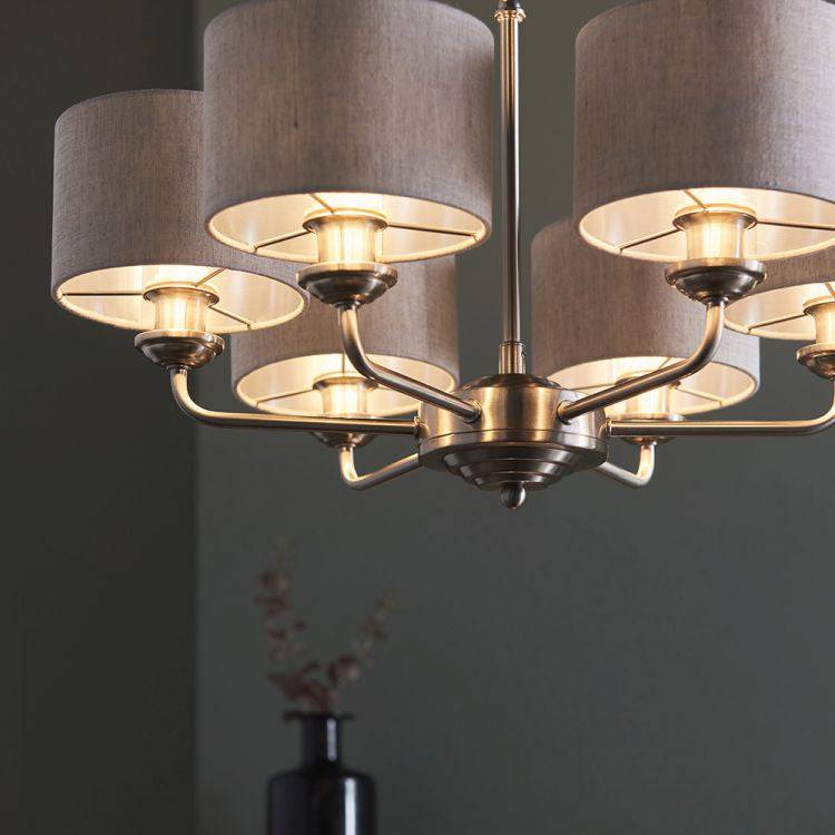 Highclere 6Lt Pendant Brushed Chrome w/ Natural Shades - Comet Lighting