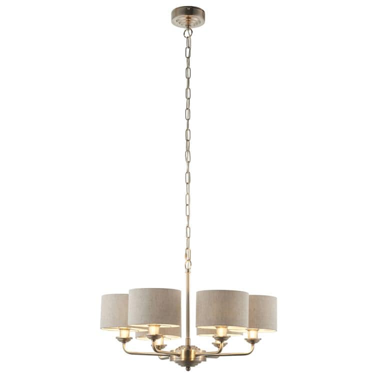 Highclere 6Lt Pendant Brushed Chrome w/ Natural Shades - Comet Lighting