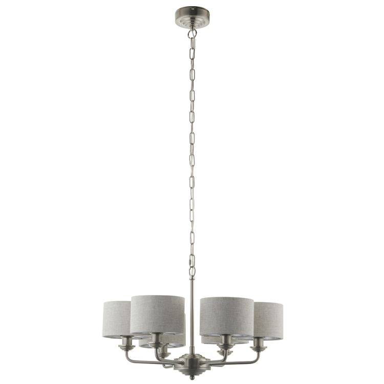 Highclere 6Lt Pendant Brushed Chrome w/ Natural Shades - Comet Lighting