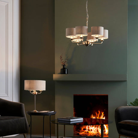 Highclere 6Lt Pendant Brushed Chrome w/ Natural Shades - Comet Lighting