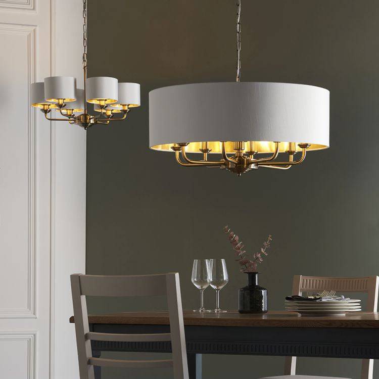 Highclere 8Lt Pendant Antique Brass w/ White Shade - Comet Lighting