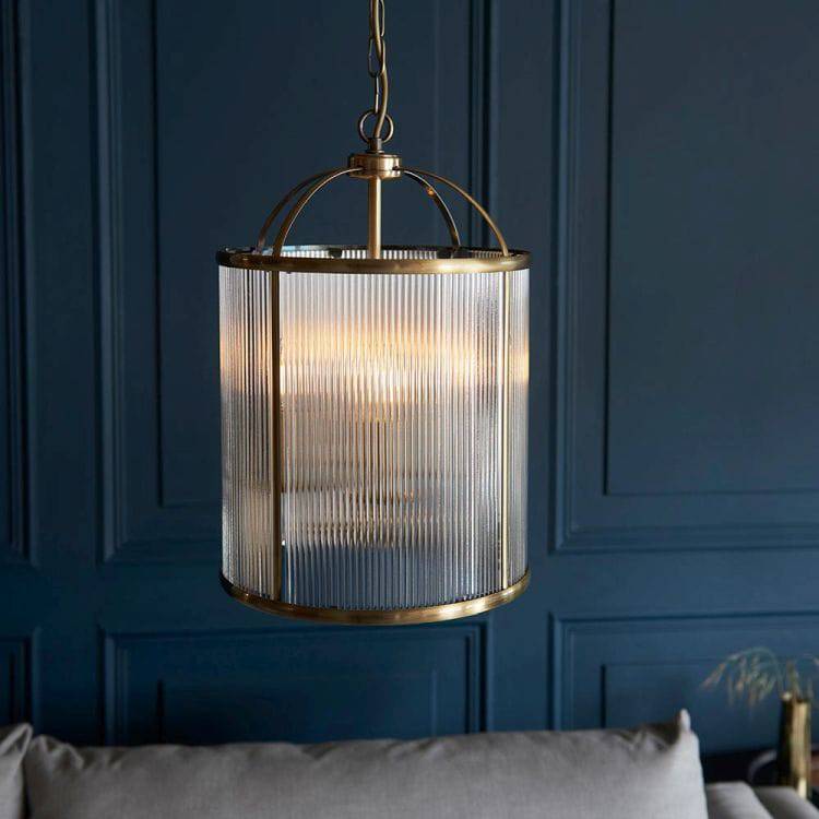 Lambeth Ribbed 4lt Pendant Ceiling Light Antique Brass - Comet Lighting