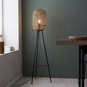 Mathias Tripod Floor Lamp Matt Black w/ Bamboo Shade - Comet Lighting