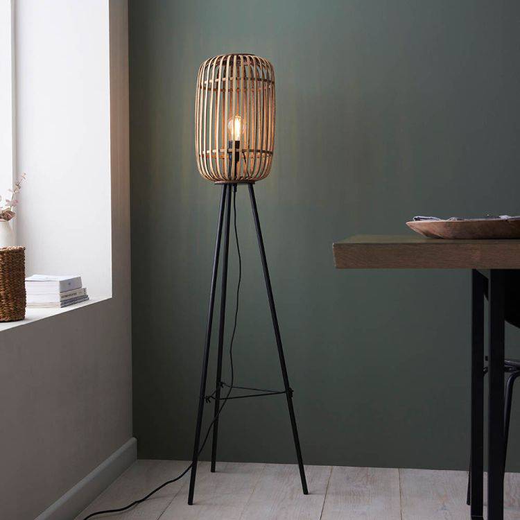 Mathias Tripod Floor Lamp Matt Black w/ Bamboo Shade - Comet Lighting