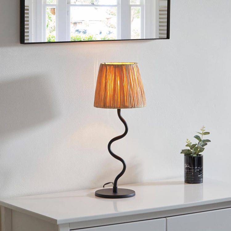 Wriggle Table Lamp Matt Black w/ Raffia Shade - Comet Lighting