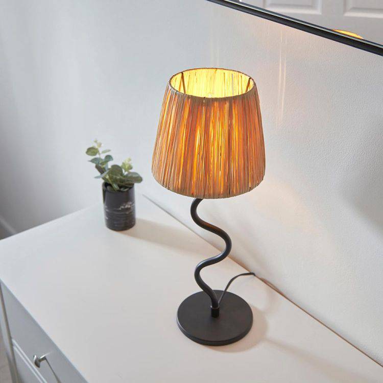 Wriggle Table Lamp Matt Black w/ Raffia Shade - Comet Lighting