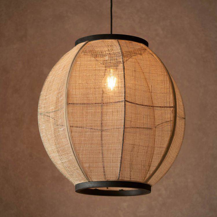 Zaire Large Pendant Ceiling Light Matt Black/Natural Linen - Comet Lighting