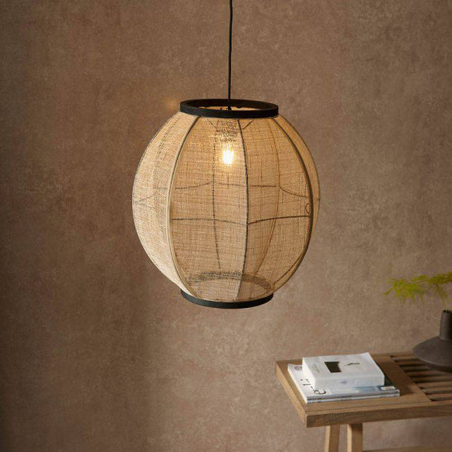 Zaire Large Pendant Ceiling Light Matt Black/Natural Linen - Comet Lighting