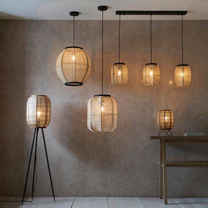 Zaire Medium Pendant Ceiling Light Matt Black/Natural Linen - Comet Lighting