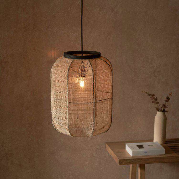 Zaire Medium Pendant Ceiling Light Matt Black/Natural Linen - Comet Lighting