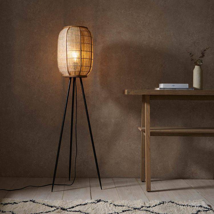 Zaire Tripod Floor Lamp Matt Black w/ Bamboo Shade - Comet Lighting