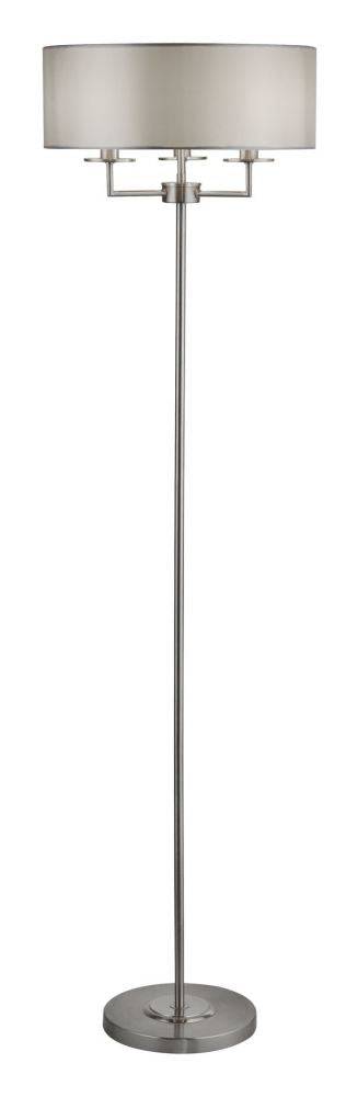 Georgeham 3Lt Floor Lamp Satin Silver w/ Silver Faux Silk Shade - Comet Lighting