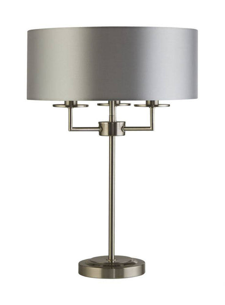 Georgeham 3Lt Table Lamp Satin w/ Silver Faux Silk Shade - Comet Lighting