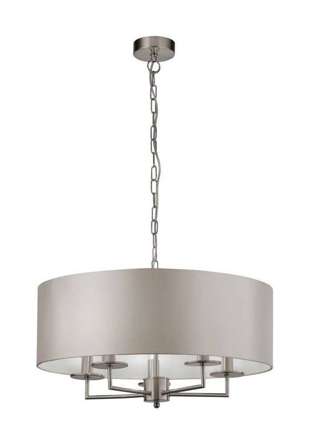 Georgeham 5Lt Pendant Ceiling Light Satin Silver w/ Silver Faux Silk Shade - Comet Lighting