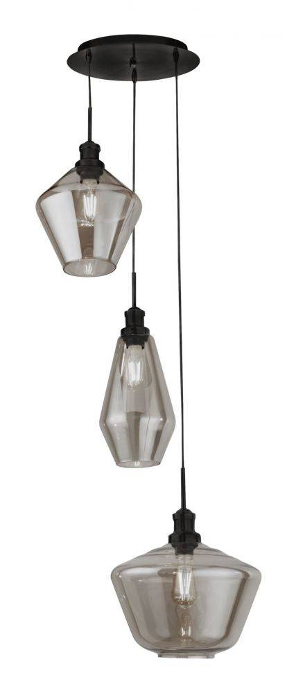 Morehead 3Lt Multi-Drop Pendant Ceiling Light Black/Smoked - Comet Lighting