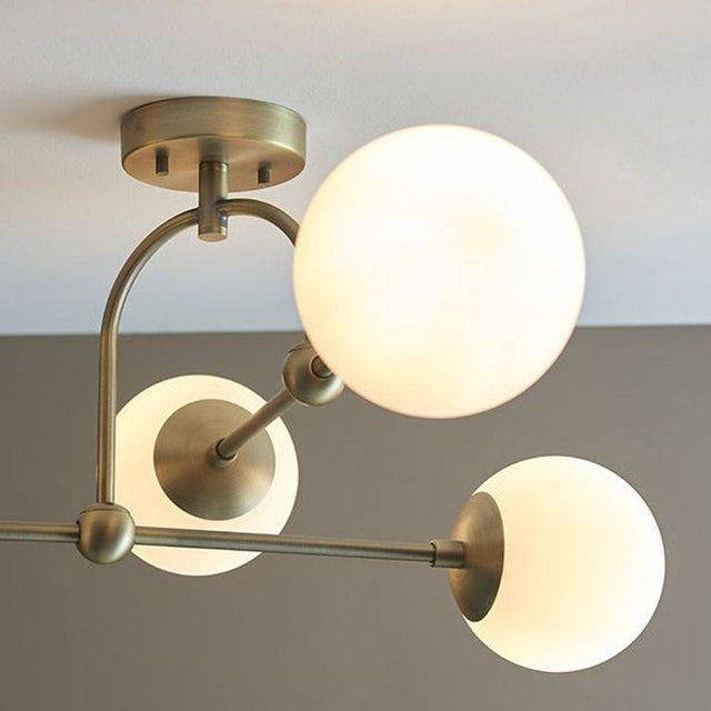 Amur 4Lt Semi-flush Ceiling Light Matt Antique Brass Plate & Opal Glass - Comet Lighting